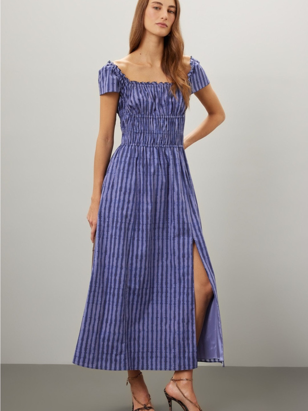 Altuzarra Blue Striped Smocked Maxi Dress with Side Slit